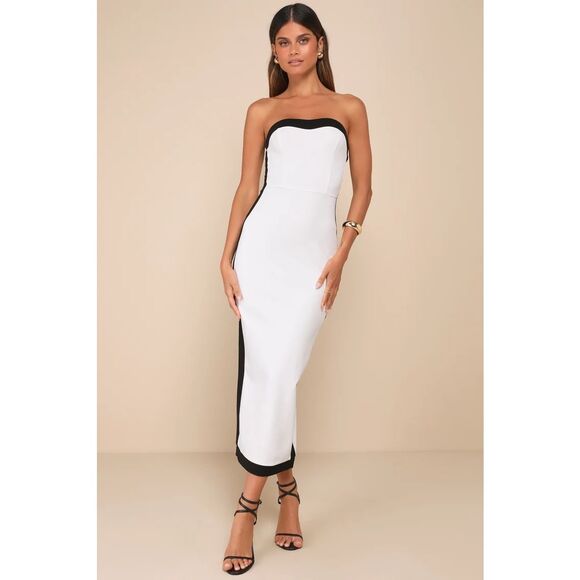 Lulus Impressive Edge White Color Block Strapless Midi Dress Size XS NWT - Picture 1 of 9